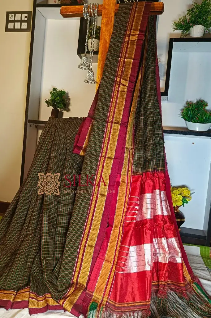 SKL1425 Ilkal Handloom Silk By Cotton Small Checks Chikki Paras Saree 