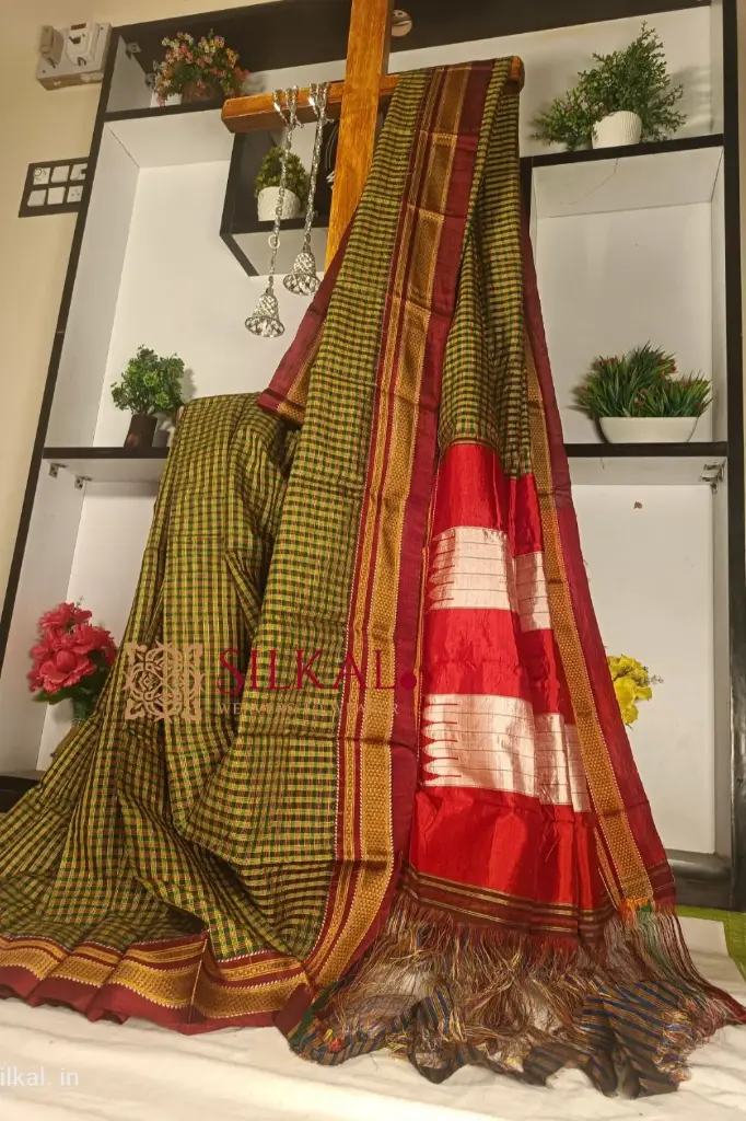 SKL1424 Ilkal Handloom Silk By Cotton Small Checks Chikki Paras Saree 