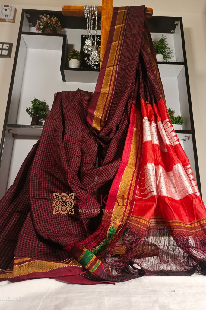 Ilkal Handloom Silk By Cotton Small Checks Chikki Paras Saree