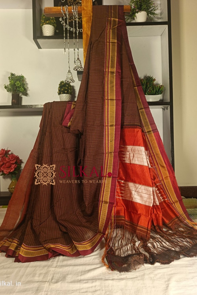 Ilkal Handloom Silk By Cotton Small Checks Chikki Paras Saree