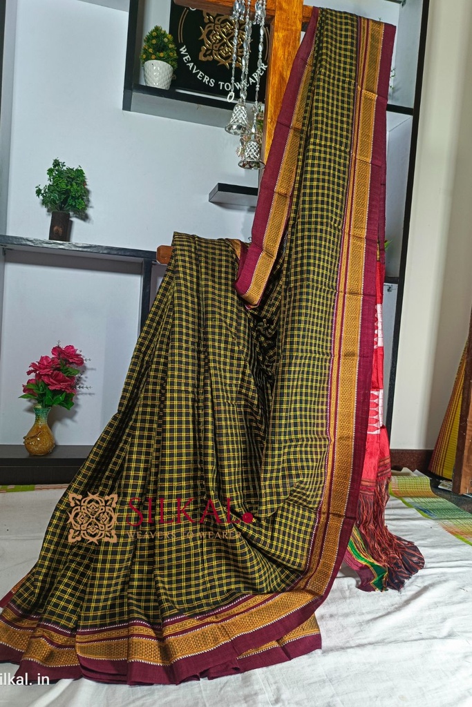 Ilkal Handloom Silk By Cotton Small Checks Chikki Paras Saree