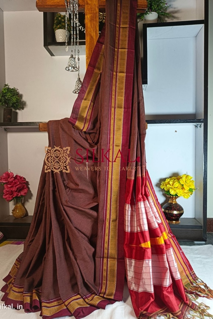 Ilkal Handloom Weaved Special Mercerised Cotton With Pure Silk Pallu Saree