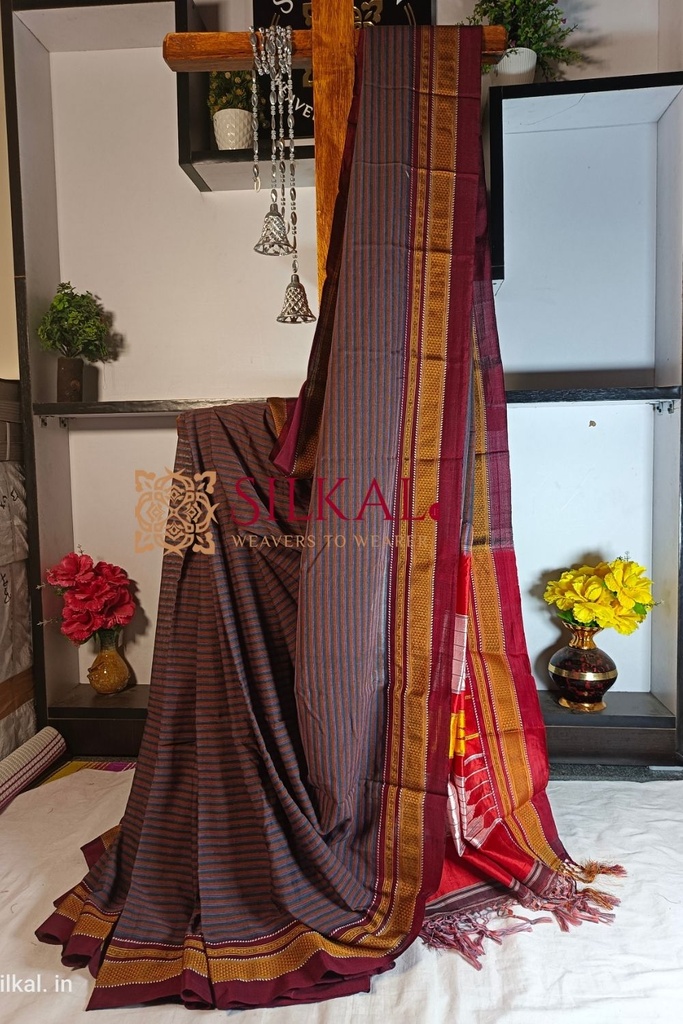 Ilkal Handloom Weaved Special Mercerised Cotton With Pure Silk Pallu Saree