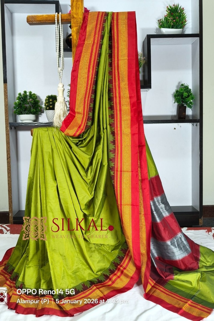 Ilkal Poly Cotton Temple Gadwal Plain Saree