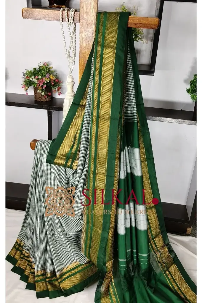 SKL03498 Ilkal Gadiwal small check cotton silk saree 